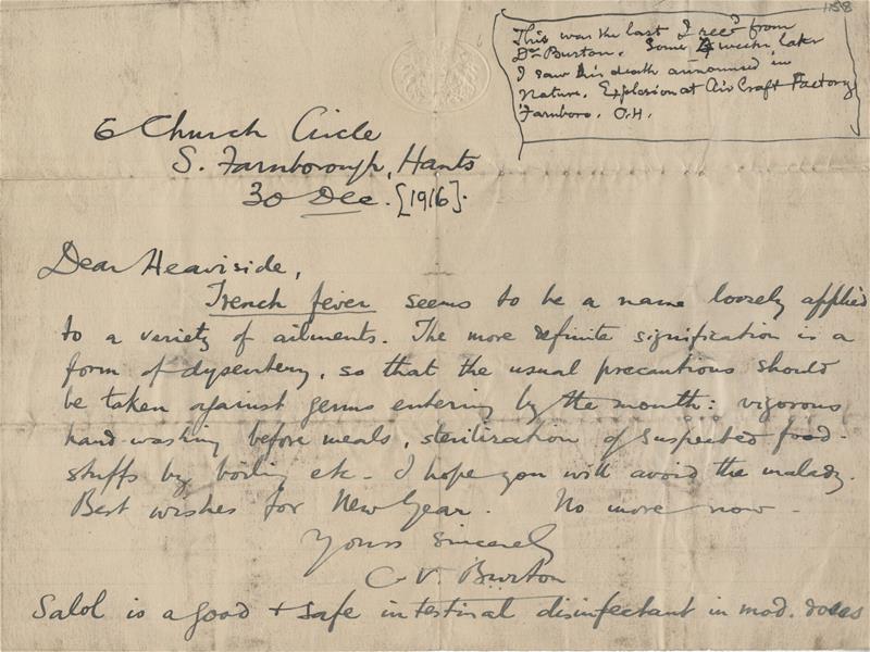 Burton’s last letter to Heaviside (he died 4 weeks later) dated 30 December 1916