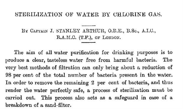 Screengrab showing tle page of paper by Captain Arthur on the sterilization of water using chlorine gas.
