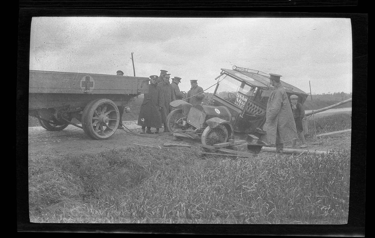 Ambulance car in ditch (Paul Cadbury papers)