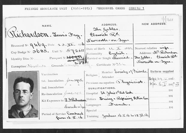Personnel card for Lewis Fry Richardson (http://fau.quaker.org.uk)