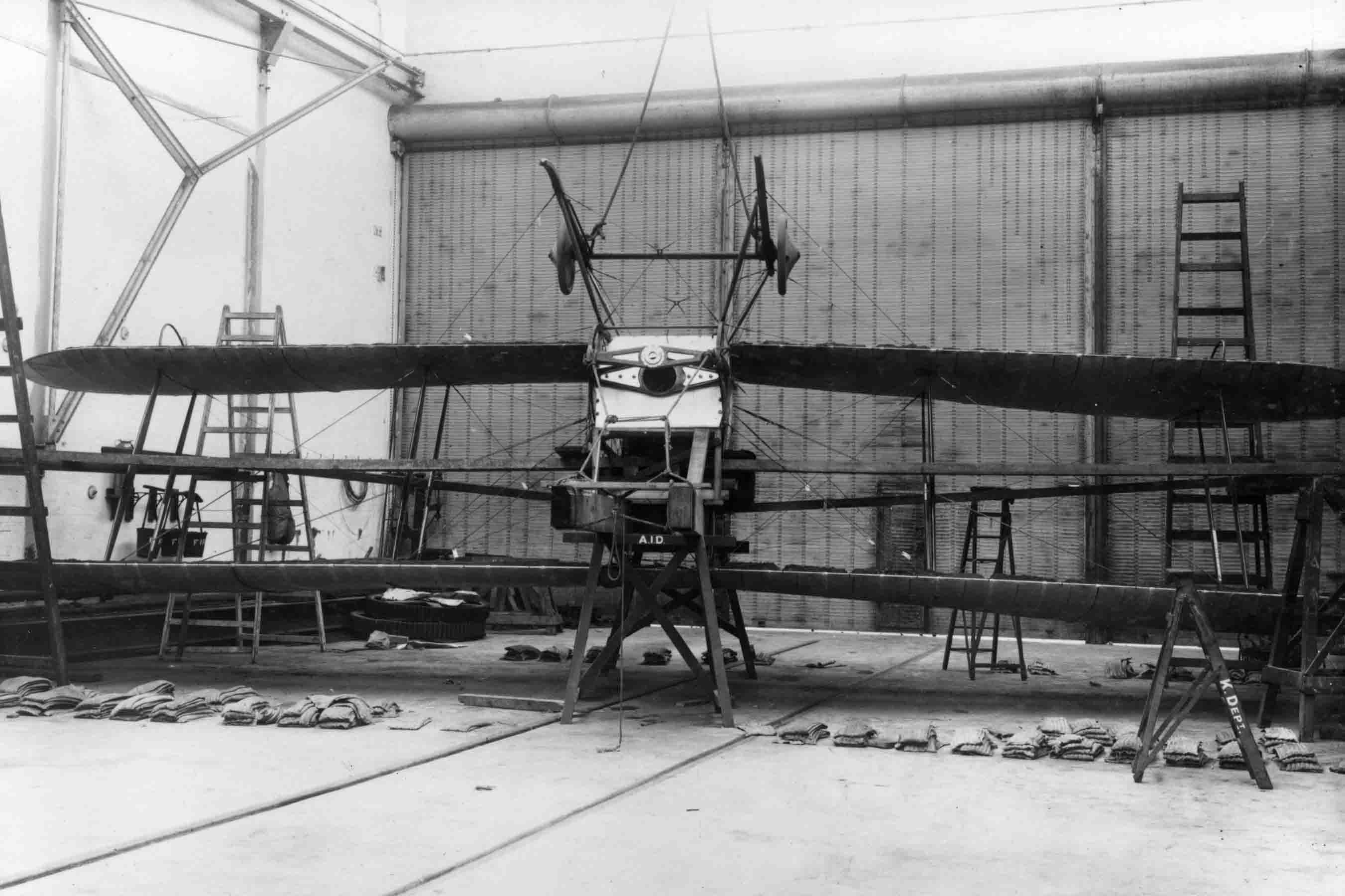 B.E.8 ready for a loading test; note the bags of sand laid out on the floor.